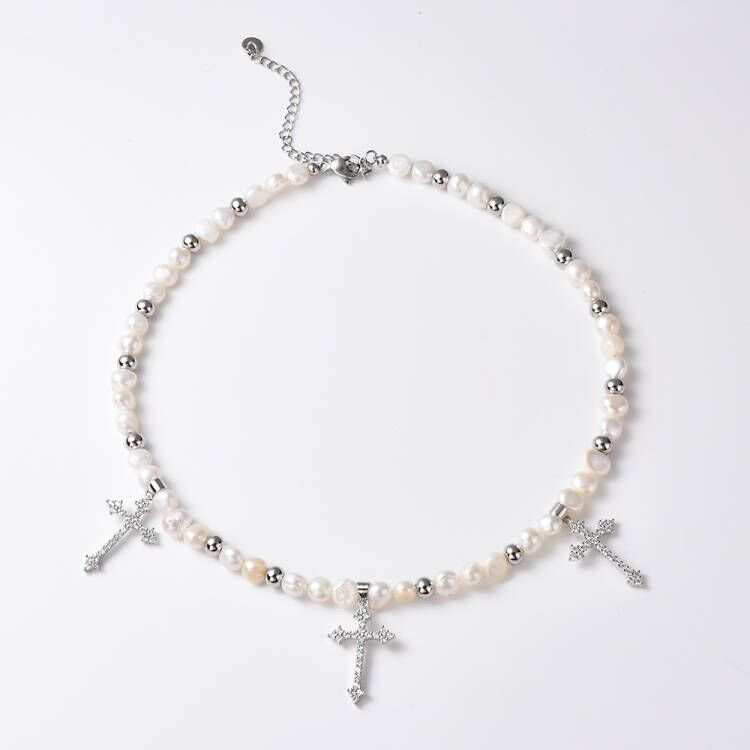 6MM PEARL CROSS NECKLACE - MELINIE