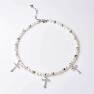 6MM PEARL CROSS NECKLACE - MELINIE