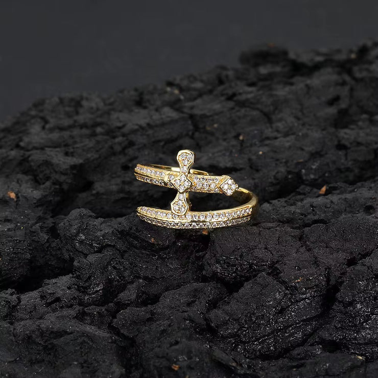 Iced Out Justice Sword Cross Ring – Gold & Silver Plated Adjustable For Women