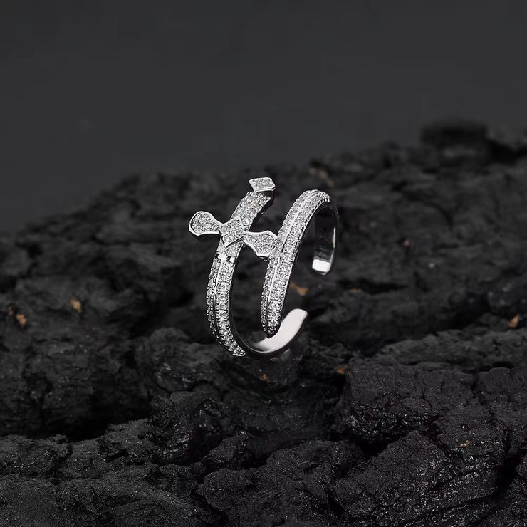 Iced Out Justice Sword Cross Ring – Gold & Silver Plated Adjustable For Women